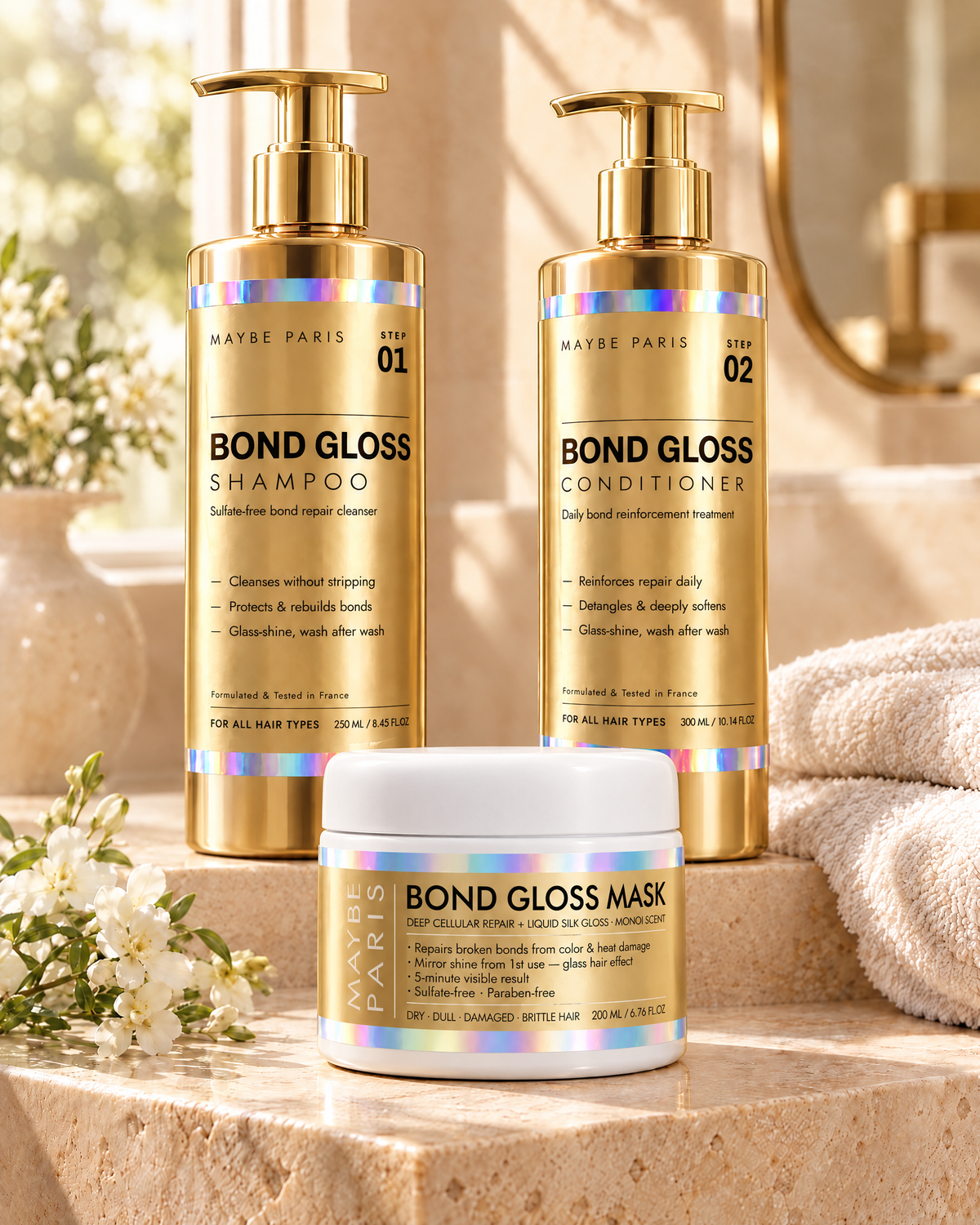 Bond-Gloss-Routine: Shampoo, Conditioner und Maske